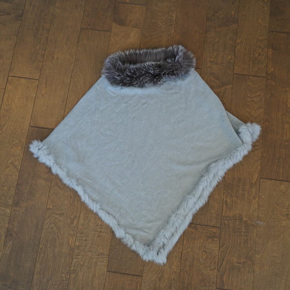 Dana Stein Knit Poncho Trimmed with Rabbit and Fox‎ Collar